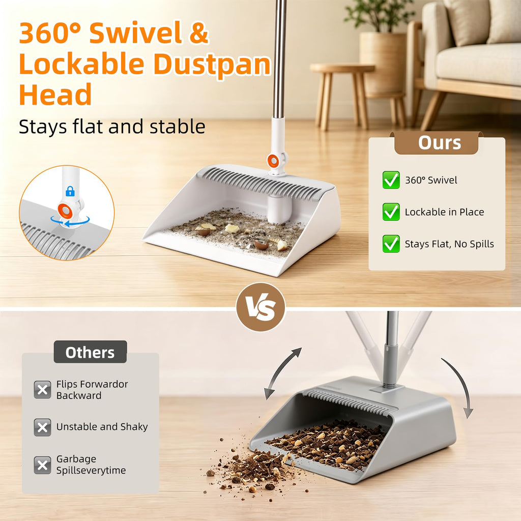 Broom with Dustpan Combo Set, 53" Long Handle, Includes 2 Broom Heads