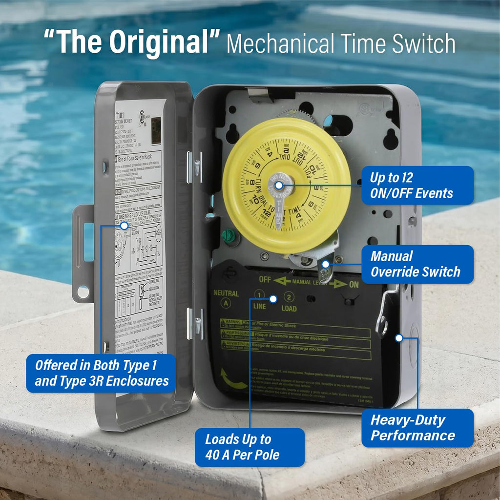 Intermatic T101 24-Hour Mechanical Timer Switch, 120V SPST 40A, Indoor