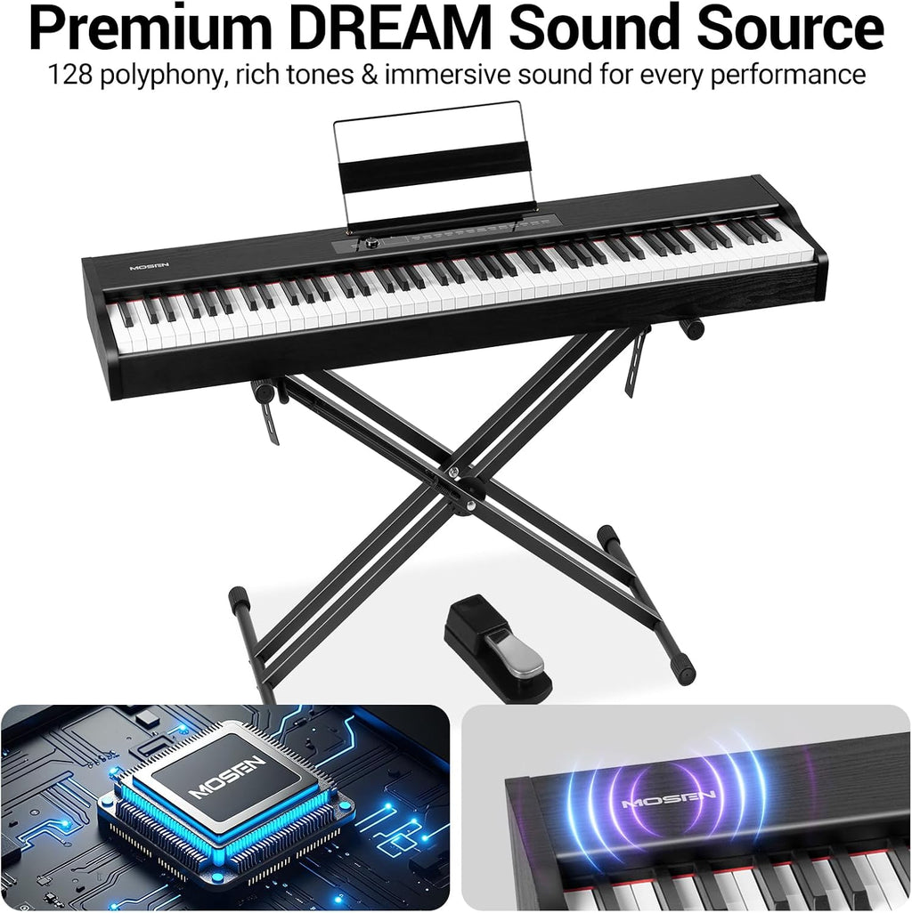 MOSEN Digital Piano 88-Key Weighted Keyboard with Hammer Action, Portable Electric Piano Set with X Stand, Recording