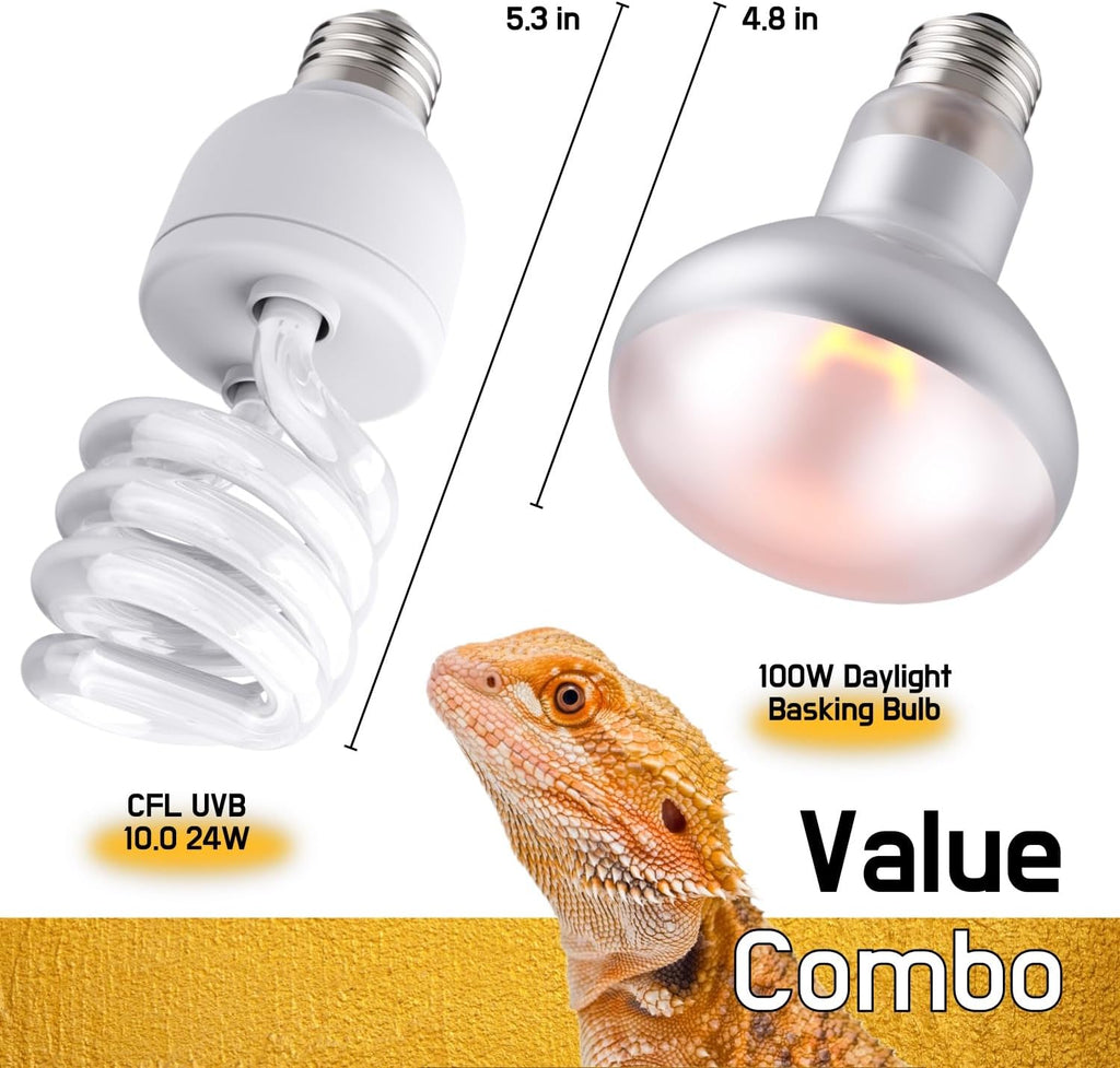 Reptile 100W Basking Spot Bulb & 10.0 24W UVA UVB Bulb Combo – Dual Pack Heat Lamp Bulbs for Reptiles & Amphibians