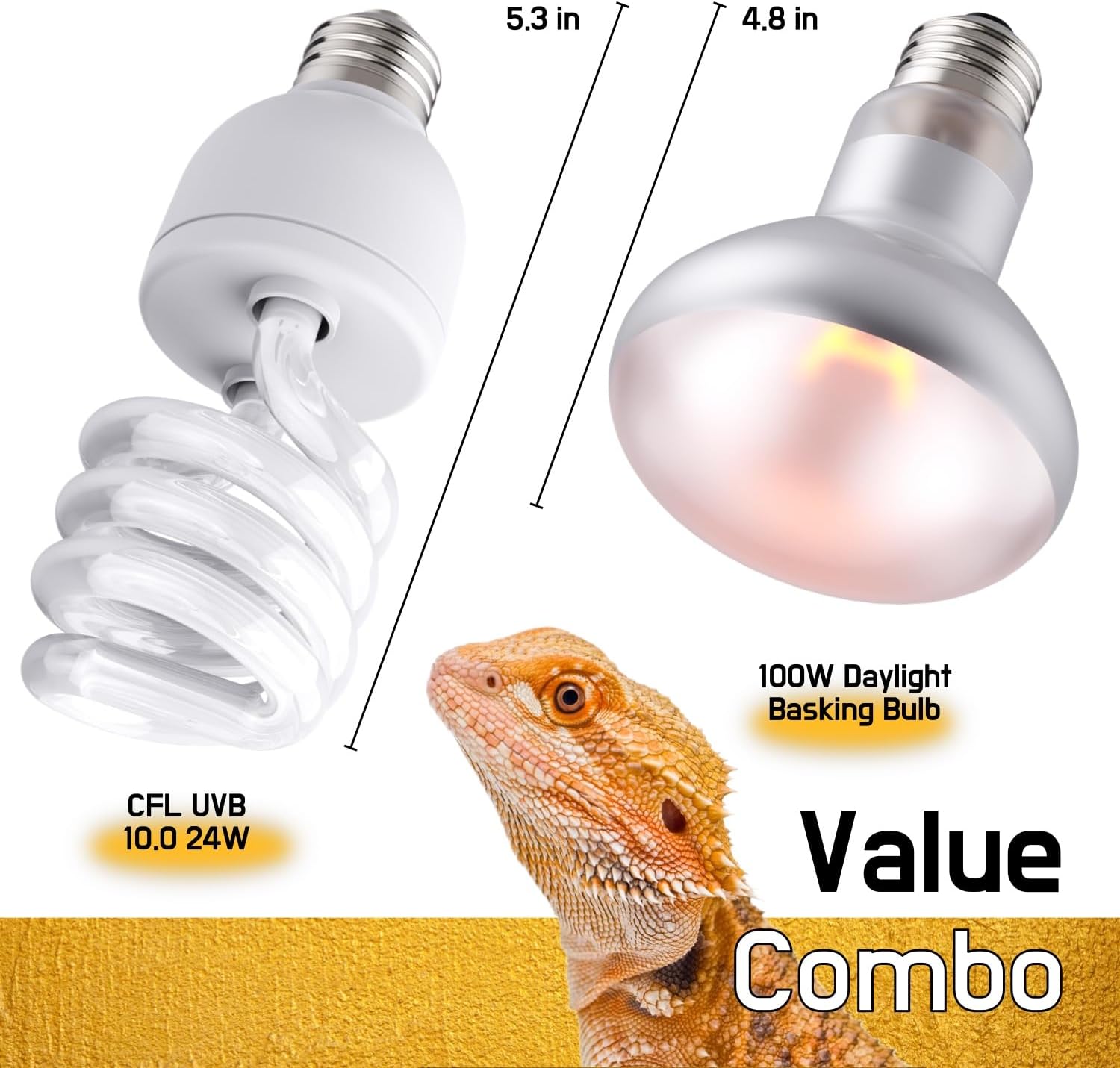 Reptile 100W Basking Spot Bulb & 10.0 24W UVA UVB Bulb Combo – Dual Pack Heat Lamp Bulbs for Reptiles & Amphibians