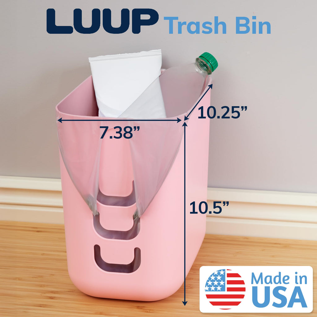 Luup Bathroom Wastebasket, Secure Grocery Bags, Plastic Garbage Container for Vanity, Laundry Room, Kitchen, Office