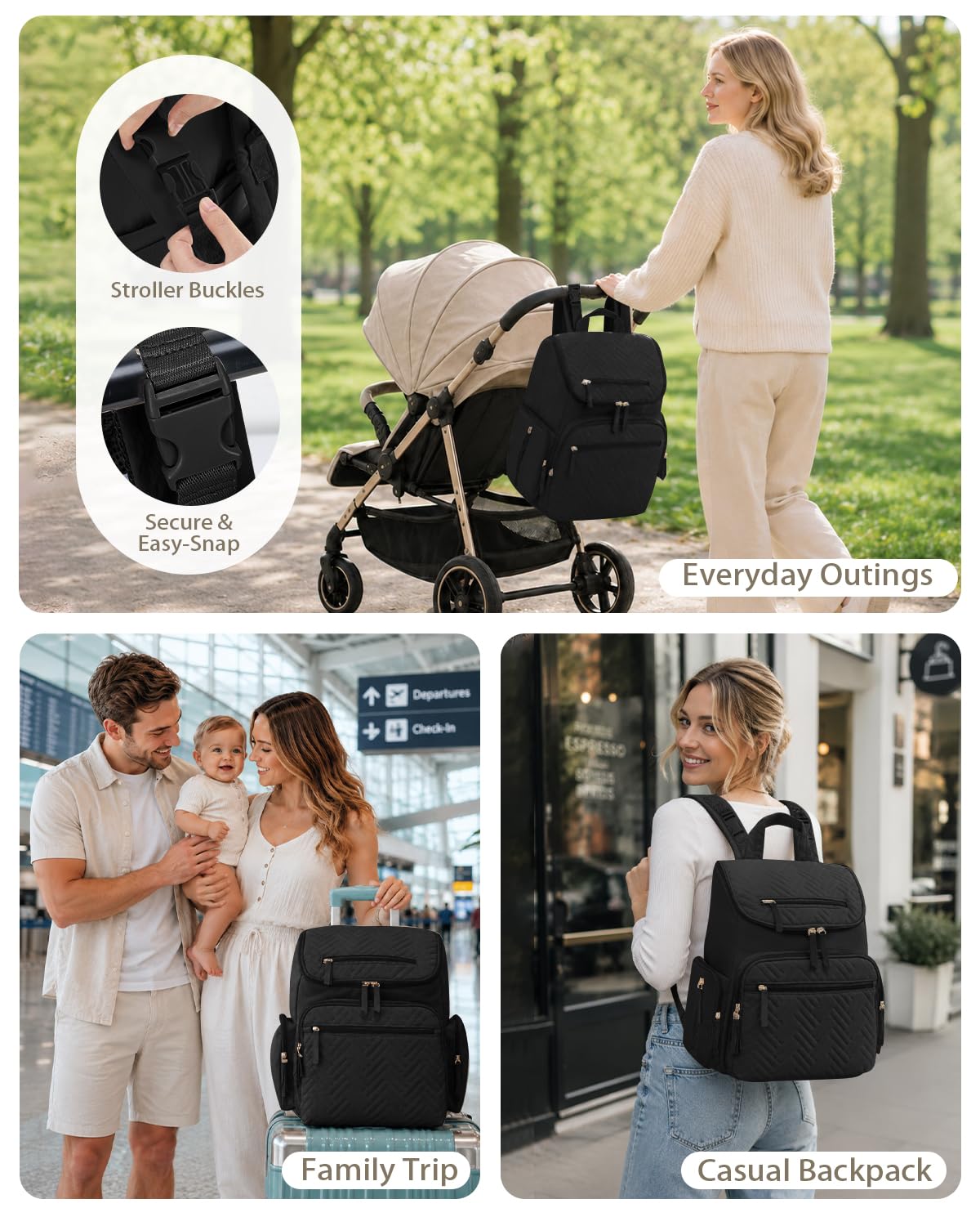 Diaper Bag Backpack with Changing Pad and Insulated Pockets, Black