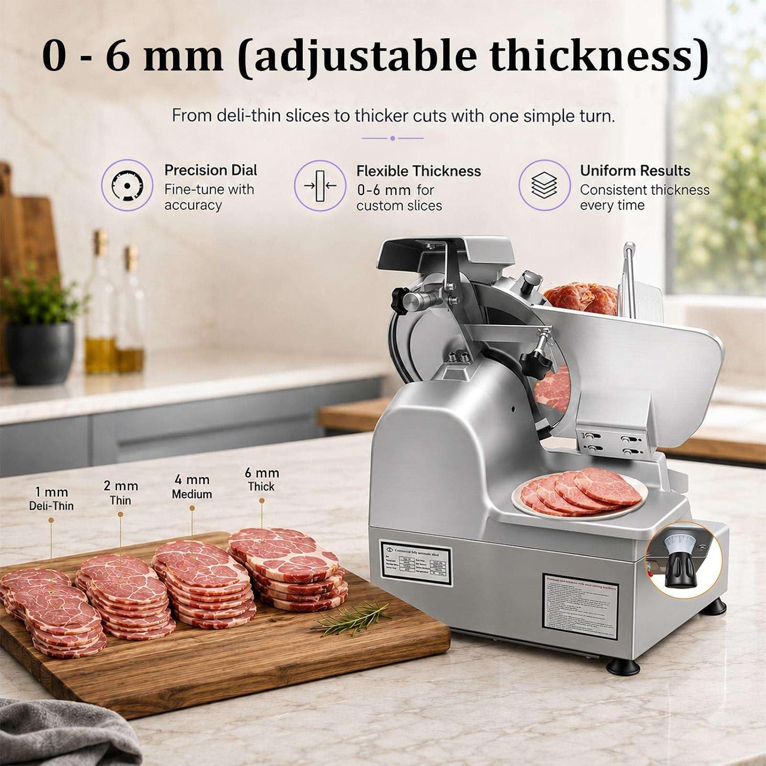 550W Electric Meat Slicer, 550W Commercial Meat Slicer with 10 Inch Carbon Steel Blade, Adjustable Thickness for