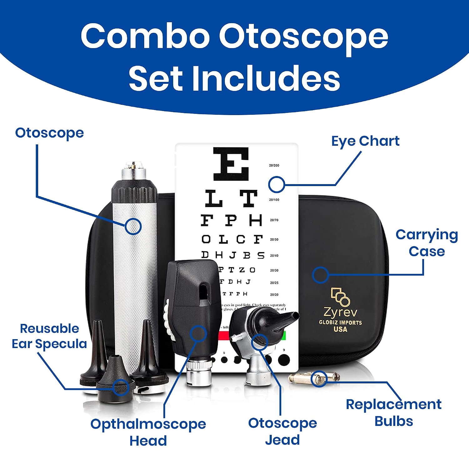Combo Otoscope Oph Set - Multi-Function Otoscope/Opthalmoscope for Ear & Eye Examination with Portable Carry Case