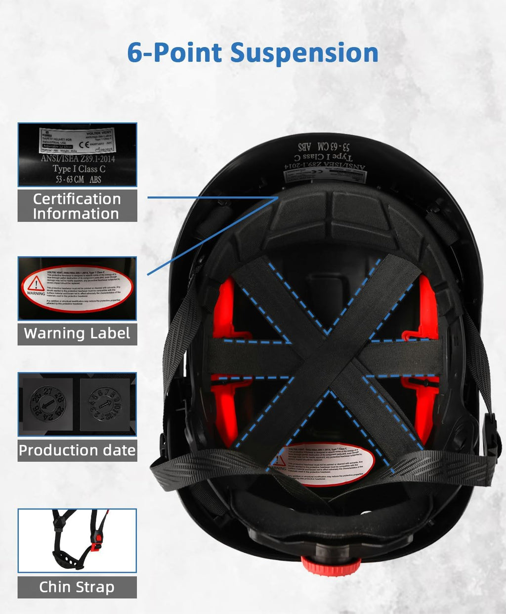 Safety Helmet Hard Hat, ANSI Z89.1 Approved Lightweight Vented Work Helmet, 6-Point Adjustable Ratchet Suspension