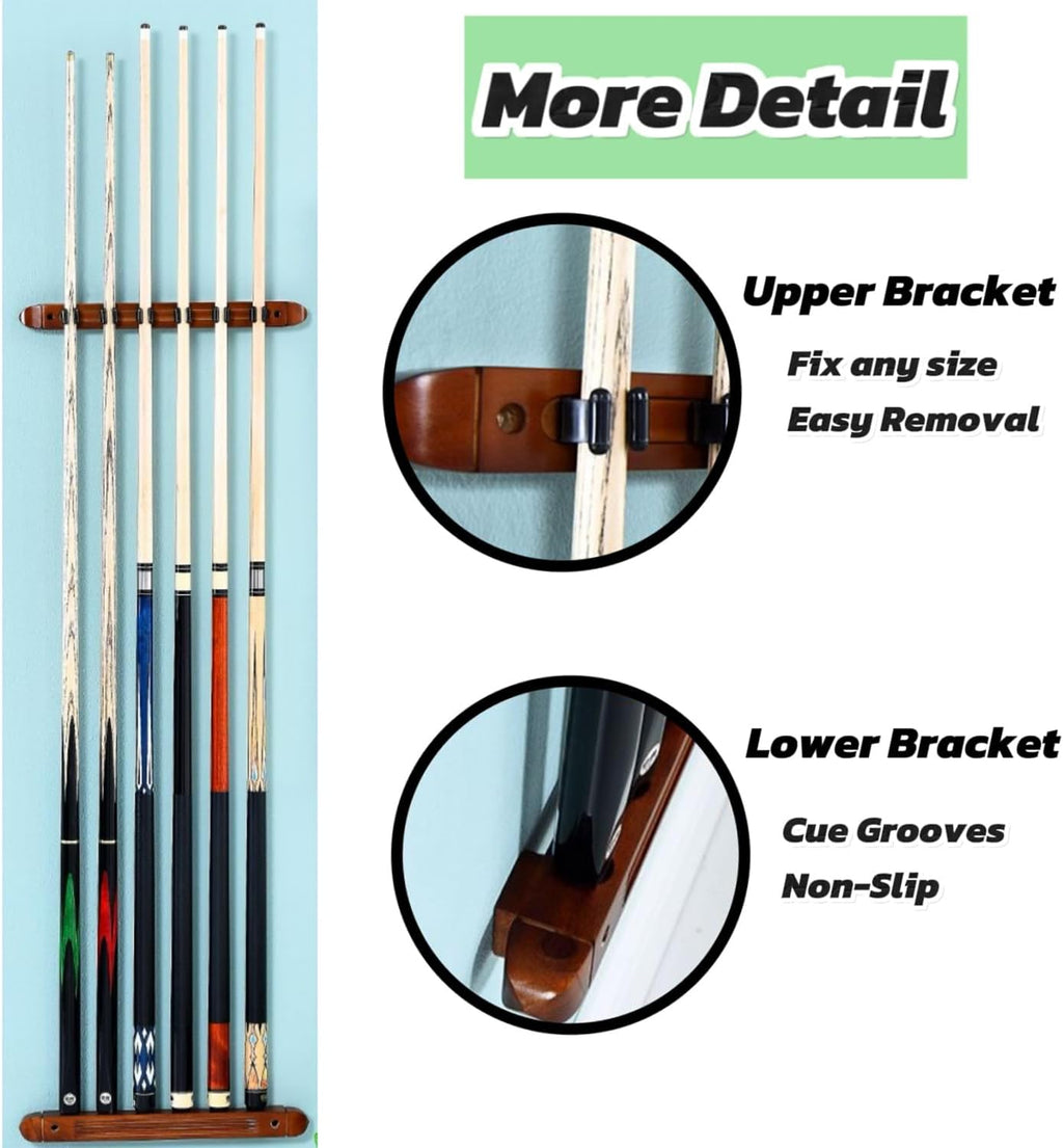 Wooden Billiard Cue Sticks Rack,2-Piece 4/6/8 Billiard Pool Cue Rack Wall Mounted Holders (wine, 6 cue)