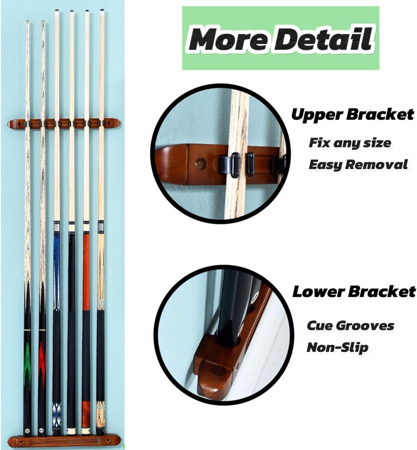 Wooden Billiard Cue Sticks Rack,2-Piece 4/6/8 Billiard Pool Cue Rack Wall Mounted Holders (wine, 6 cue)