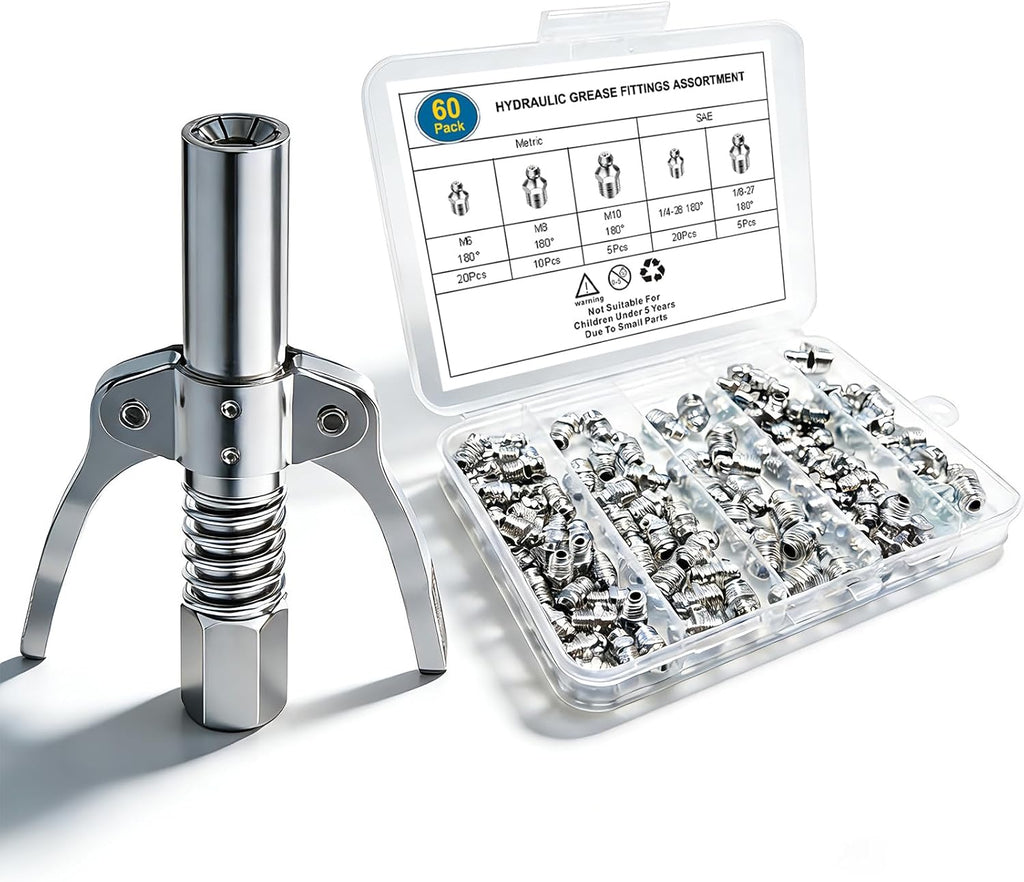 60Pcs Zerk Grease Fittings Kit with Grease Gun Coupler, Metric & SAE Sizes