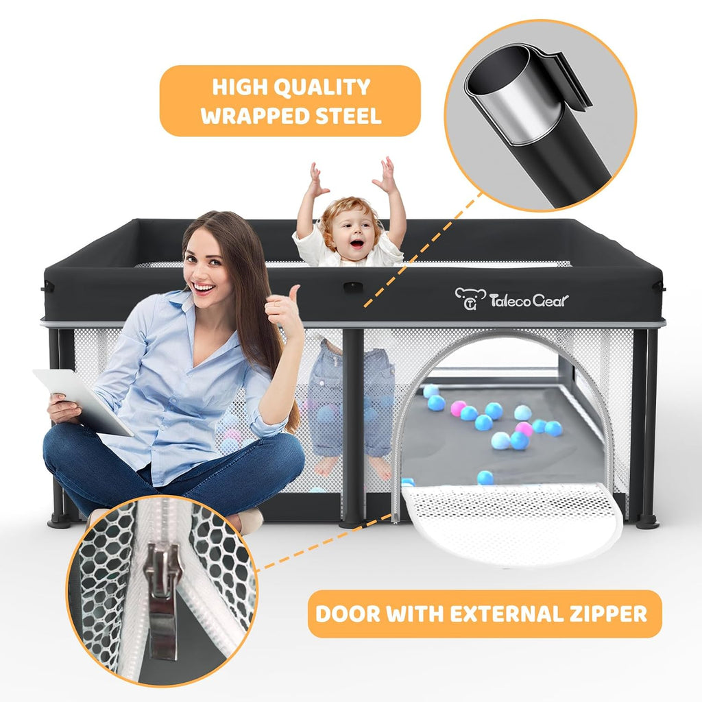 Taleco Gear Foldable Baby Play Pen with Mat, 50''x50'' Playpen for Babies and Toddlers, Playpen for Baby with Gate