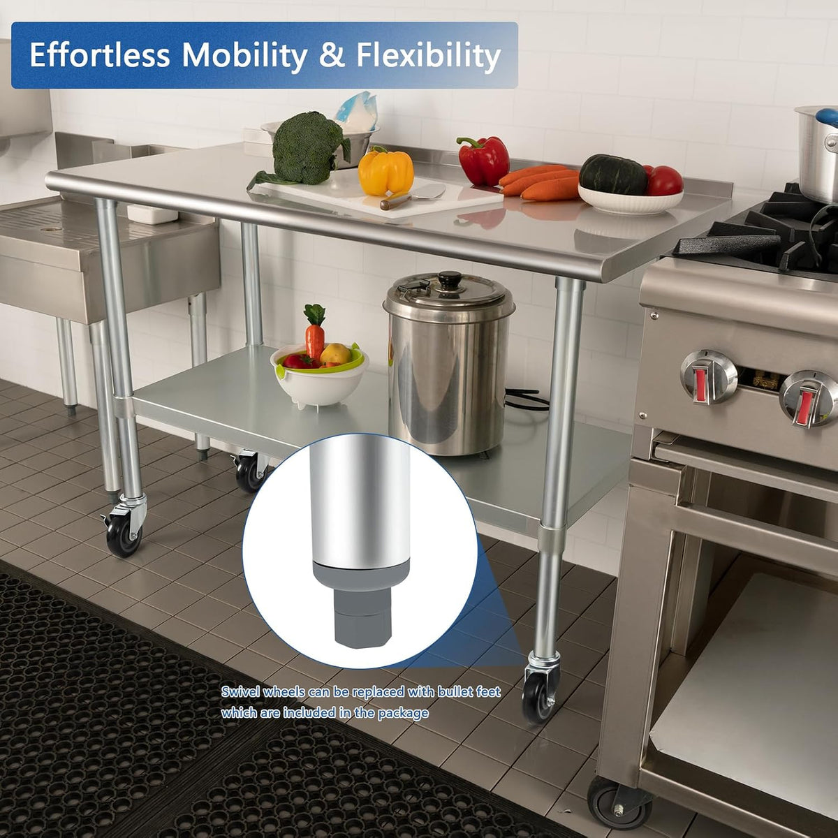HARDURA Stainless Steel Table with Wheels 24X48 Inches, 2" Backsplash
