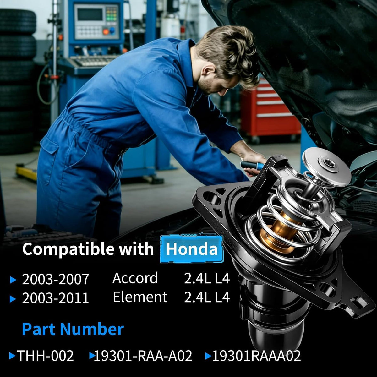 Engine Coolant Thermostat Housing Assembly for 2.4L Honda Accord 2003-2007, Element 2003 2004 2005 2006 2007 2008 2009 2010 2011, Replace 19301-RAA-A02 19301RAAA02 19301RAAA01 THH-002 554-170