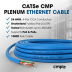 Cmple - Cat5e Plenum Cable 1000ft, CMP, Blue 350MHz Gigabit Ethernet Solid Network Internet Bulk UTP