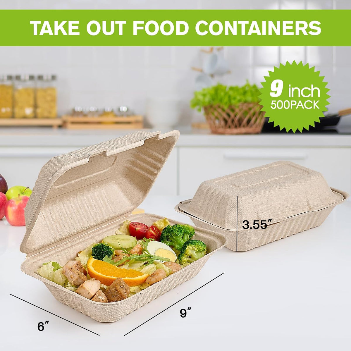 500 Pack Compostable Clamshell Take Out Food Containers, 9x6 inch