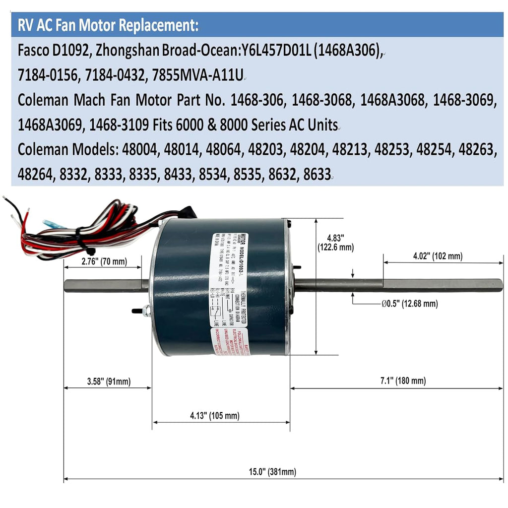 D1092 RV AC Fan Motor Replaces Fasco D1092 Zhongshan Broad-Ocean Y6L457D01L | Coleman mach 1468-3069 7184-0156