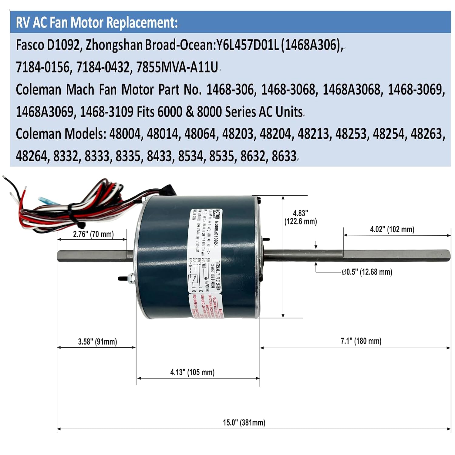 D1092 RV AC Fan Motor Replaces Fasco D1092 Zhongshan Broad-Ocean Y6L457D01L | Coleman mach 1468-3069 7184-0156