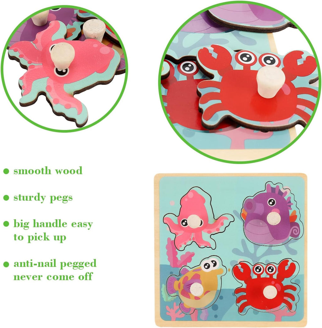 Wooden Peg Puzzles for Toddlers 1-3, Kids' Educational Preschool Peg Puzzle Toy, Set of 4 Toddler Puzzles - Farm
