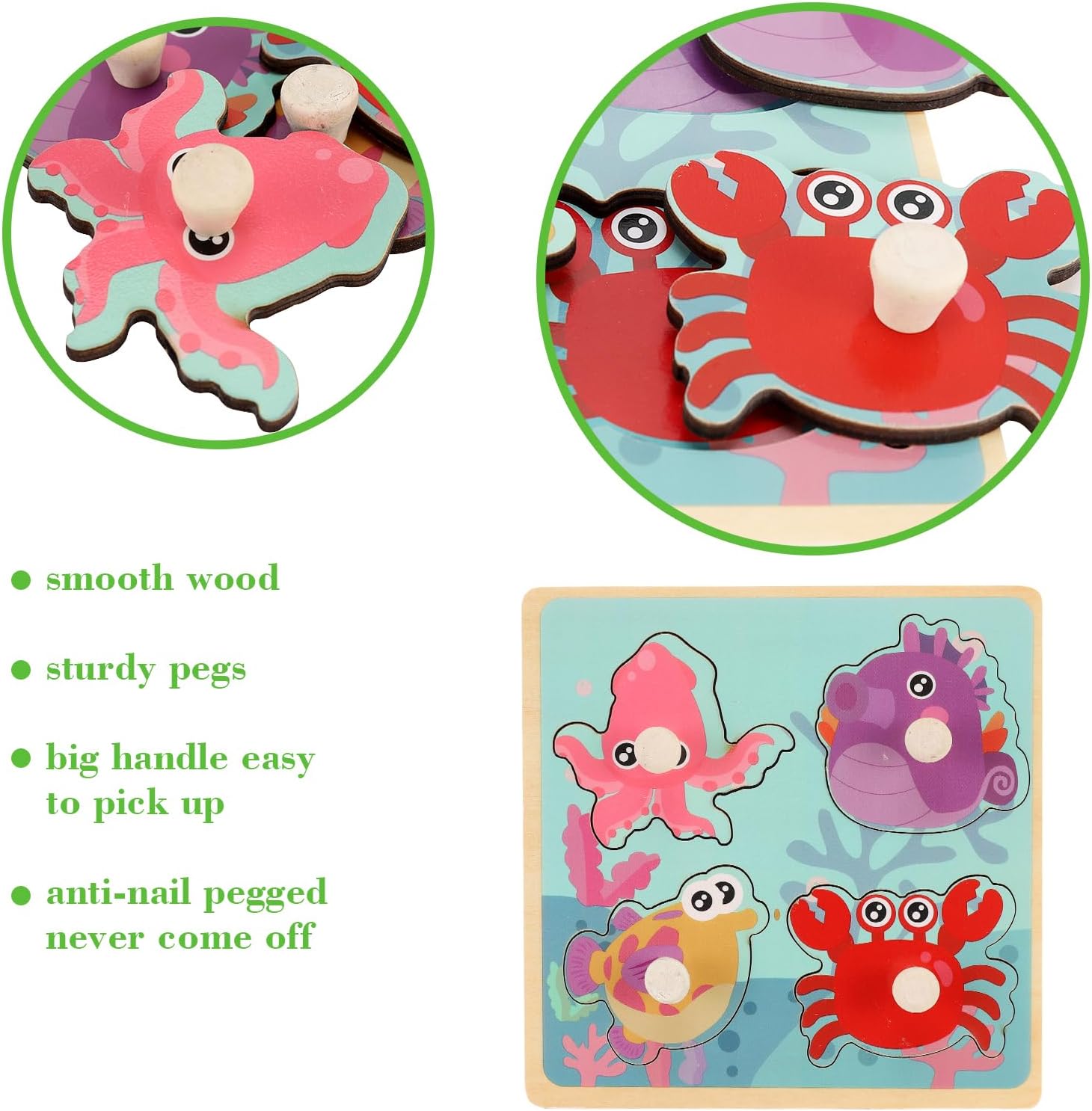 Wooden Peg Puzzles for Toddlers 1-3, Kids' Educational Preschool Peg Puzzle Toy, Set of 4 Toddler Puzzles - Farm