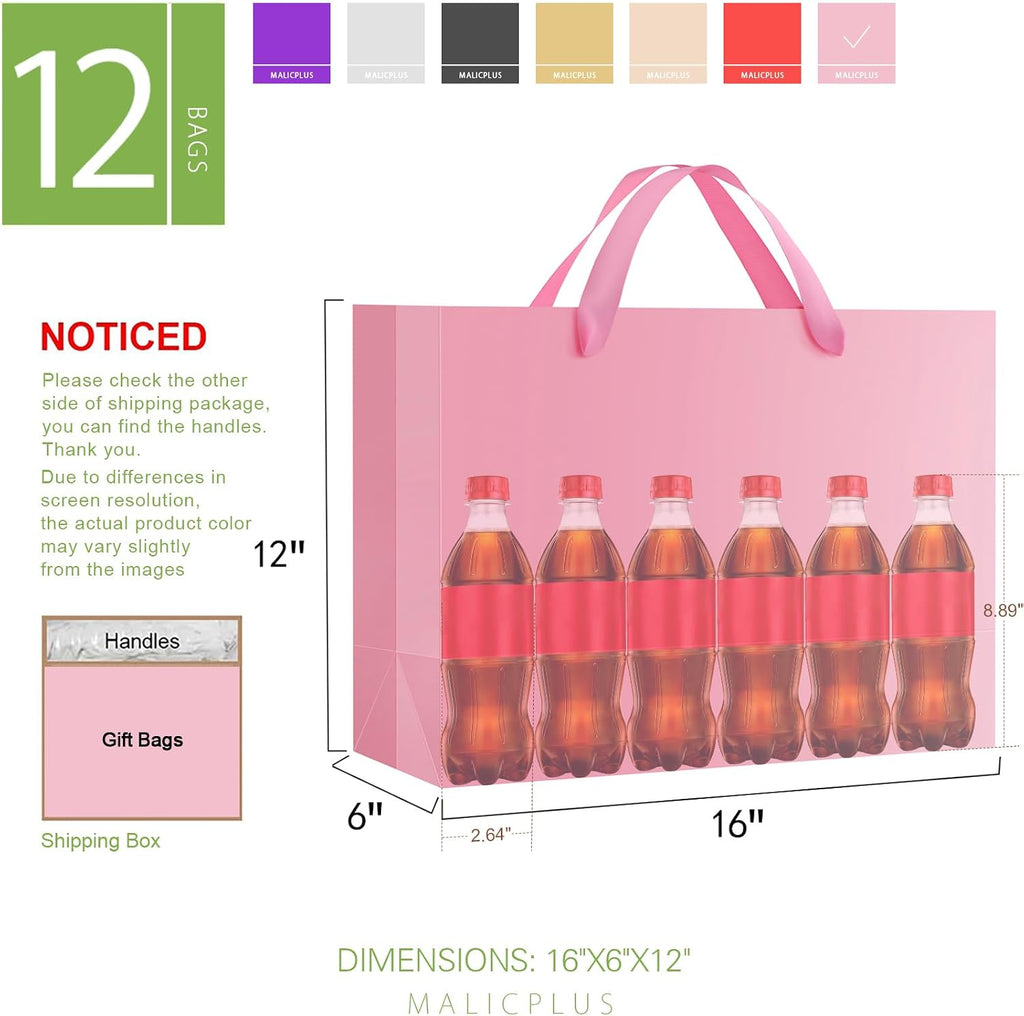 Extra Large Pink Gift Bags with Handles,16x6x12 Inch,12 Pack