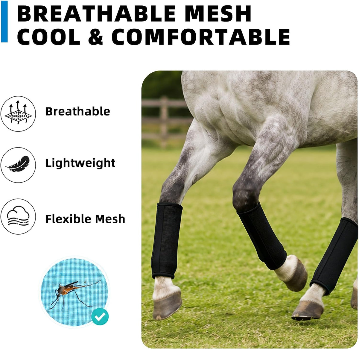Fly Boots for Horses Set of 4, Breathable Mesh Horse Fly Boots with Support Stays, Adjustable Hook and Loop Closure