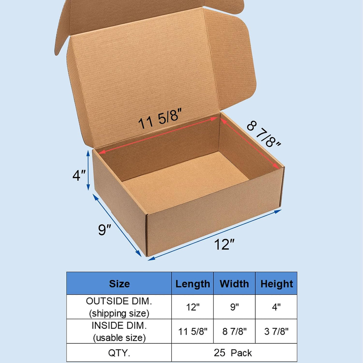 Shipping Boxes 12x9x4 Inch 25 Pack Corrugated Cardboard Mailer Brown