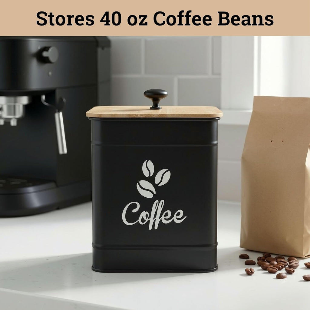Airtight Coffee Canister 40 oz, 6"x 8" Metal Jar w/ Rubber-Lined Bamboo Lid | 40oz Large Iron, Airtight Coffee