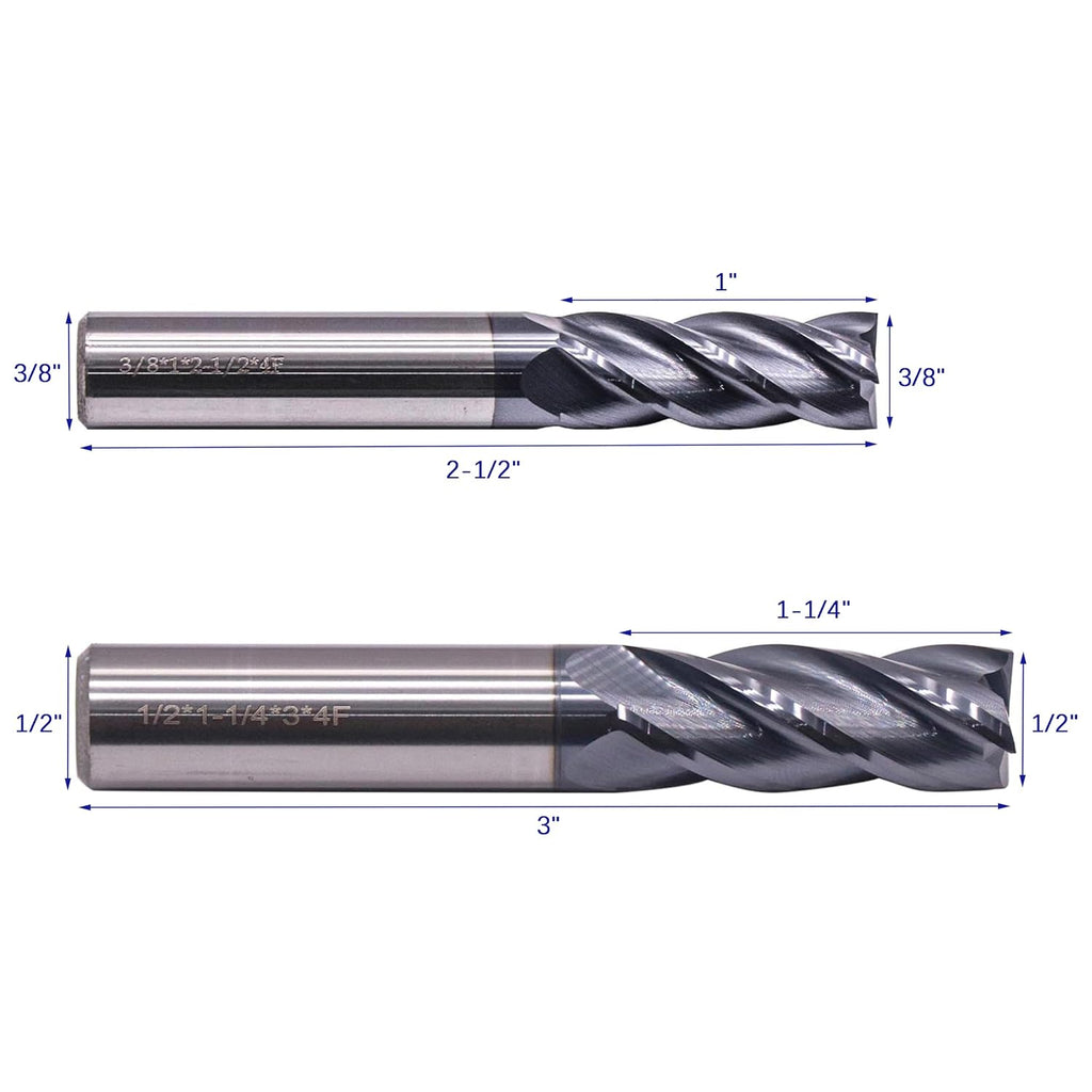 6Pcs 1/8" - 1/2" 4 Flute Solid Carbide Square End Mill Set - AlTiN Coated