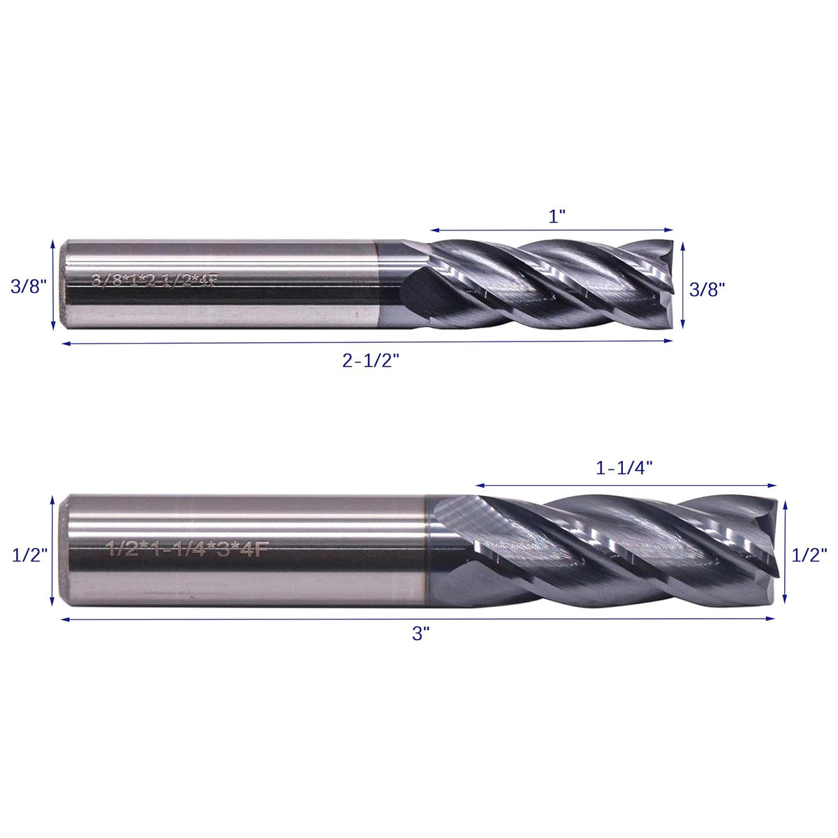 6Pcs 1/8" - 1/2" 4 Flute Solid Carbide Square End Mill Set - AlTiN Coated