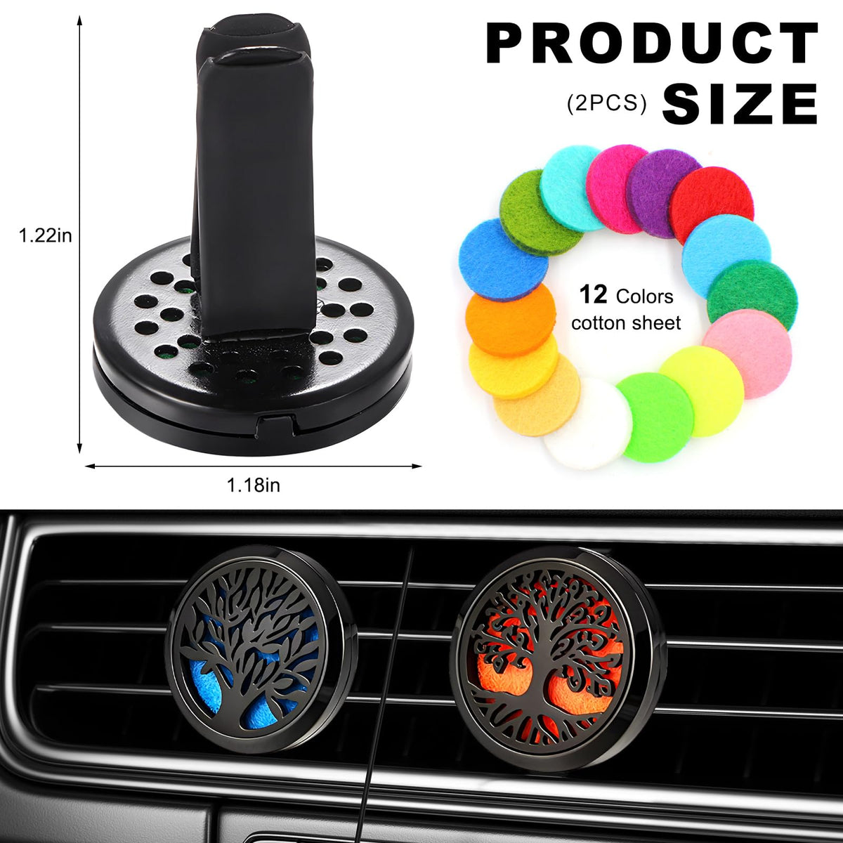 2PCS 30mm Car Diffuser Vent Clips, Tree of Life Aromatherapy Essential Oil Diffuser Locket with 12 Felt Pads
