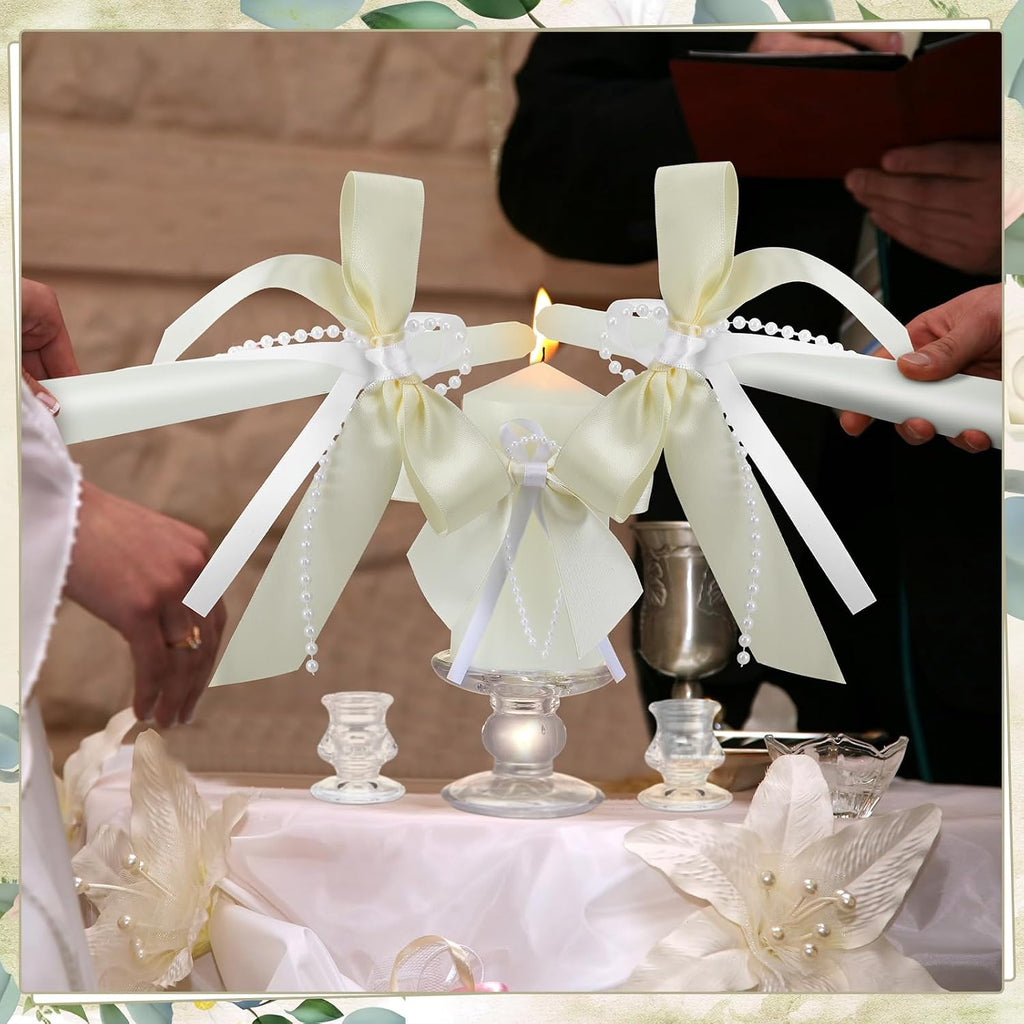 3 Pcs Unity Candles for Wedding with Bow and Holder, Ivory
