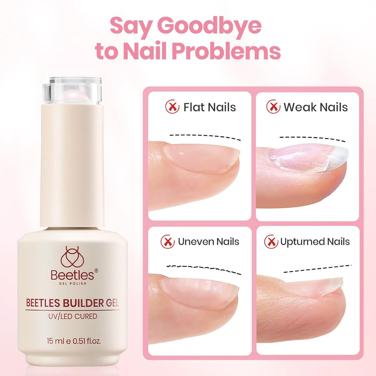 Beetles Builder Gel for Nails Rose Pink, TPO-Free Gel Builder & Nail Brush