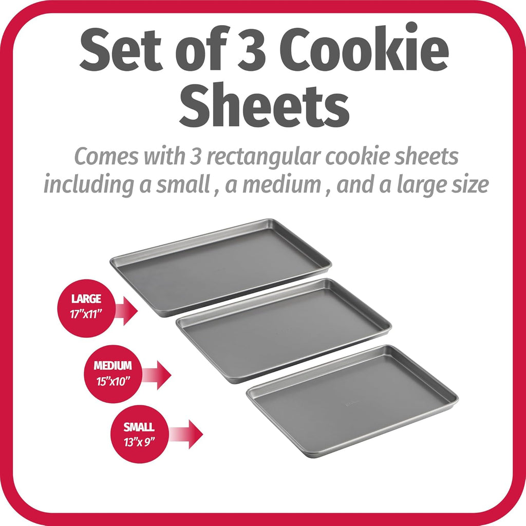 Everyday Nonstick Baking Sheet Set, 3 Pack Includes Small (13×9) Medium (15×1) and Large (17×11) Pans Carbon Steel