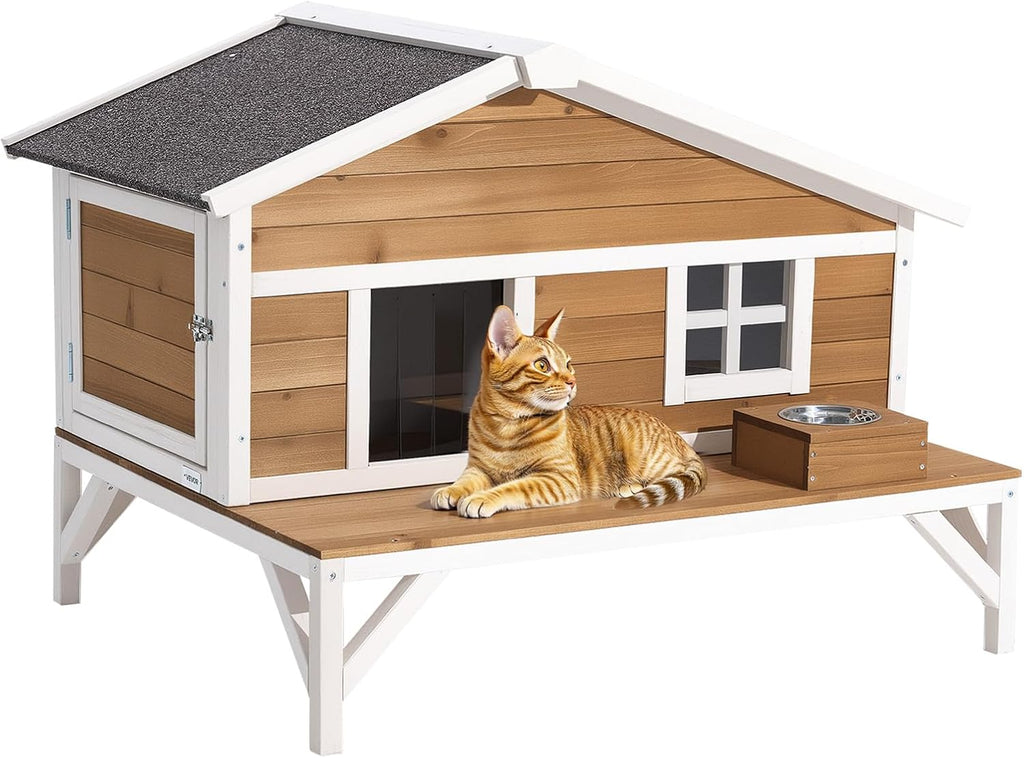Insulated Cat House, All-Around Foam Insulation Elevated Cat Shelter, Wooden Feral Kitty Shelter with Large Platform