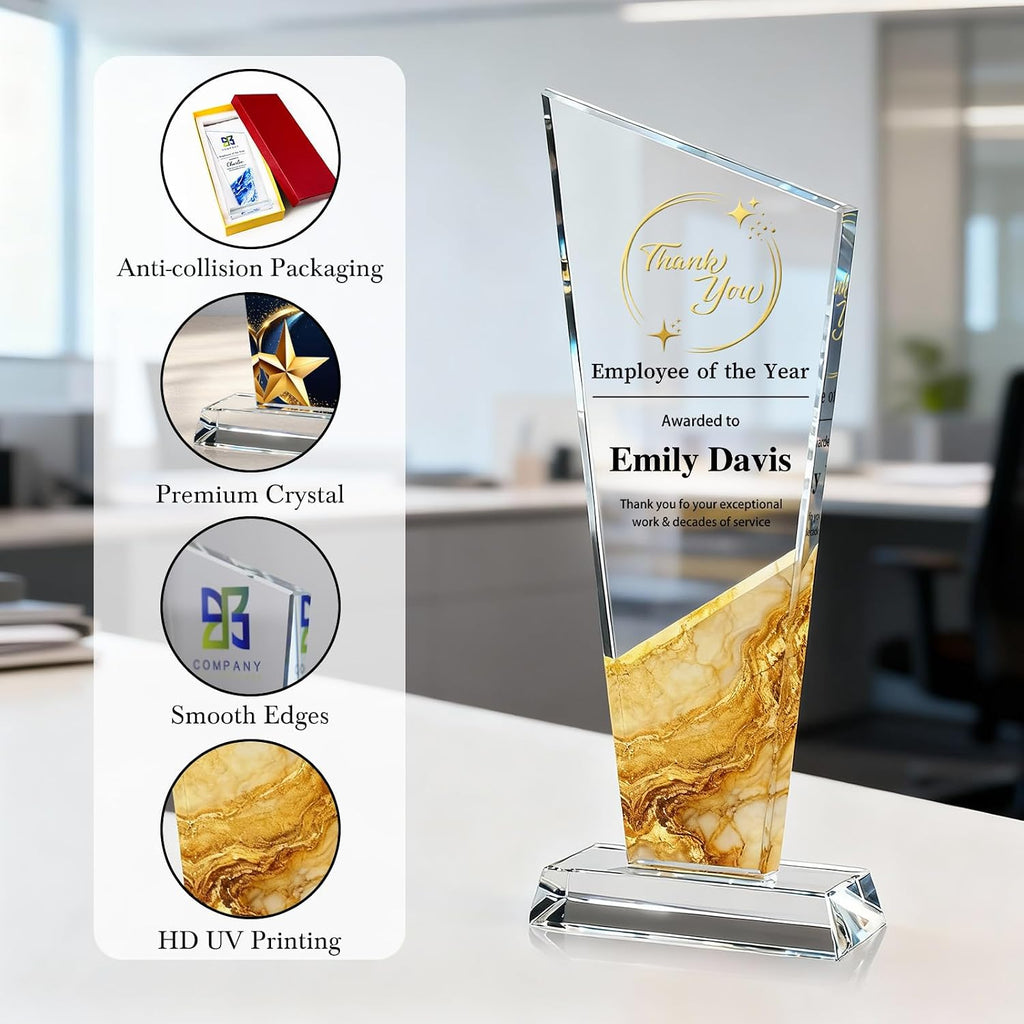 Personalized Crystal Trophy Award - Custom Plaque Award with Text Logo Photo - Awards and Trophies for Farewell