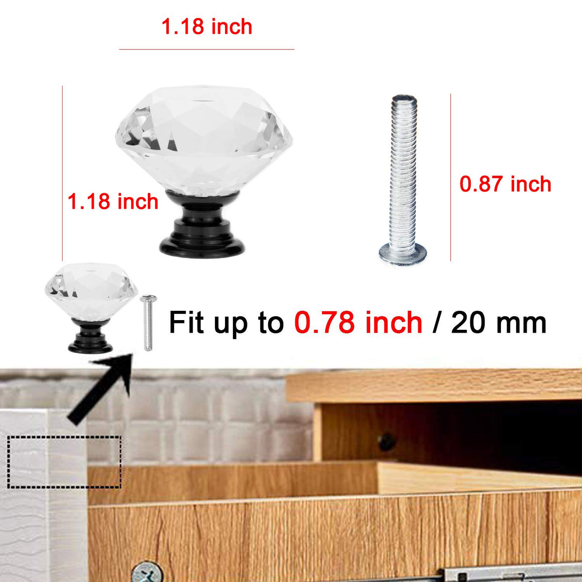 6 Pack Drawer Knobs Diamond Shaped Crystal Glass 30mm Cabinet Knobs Pull Handles (30 mm, 6 Pack, Black)