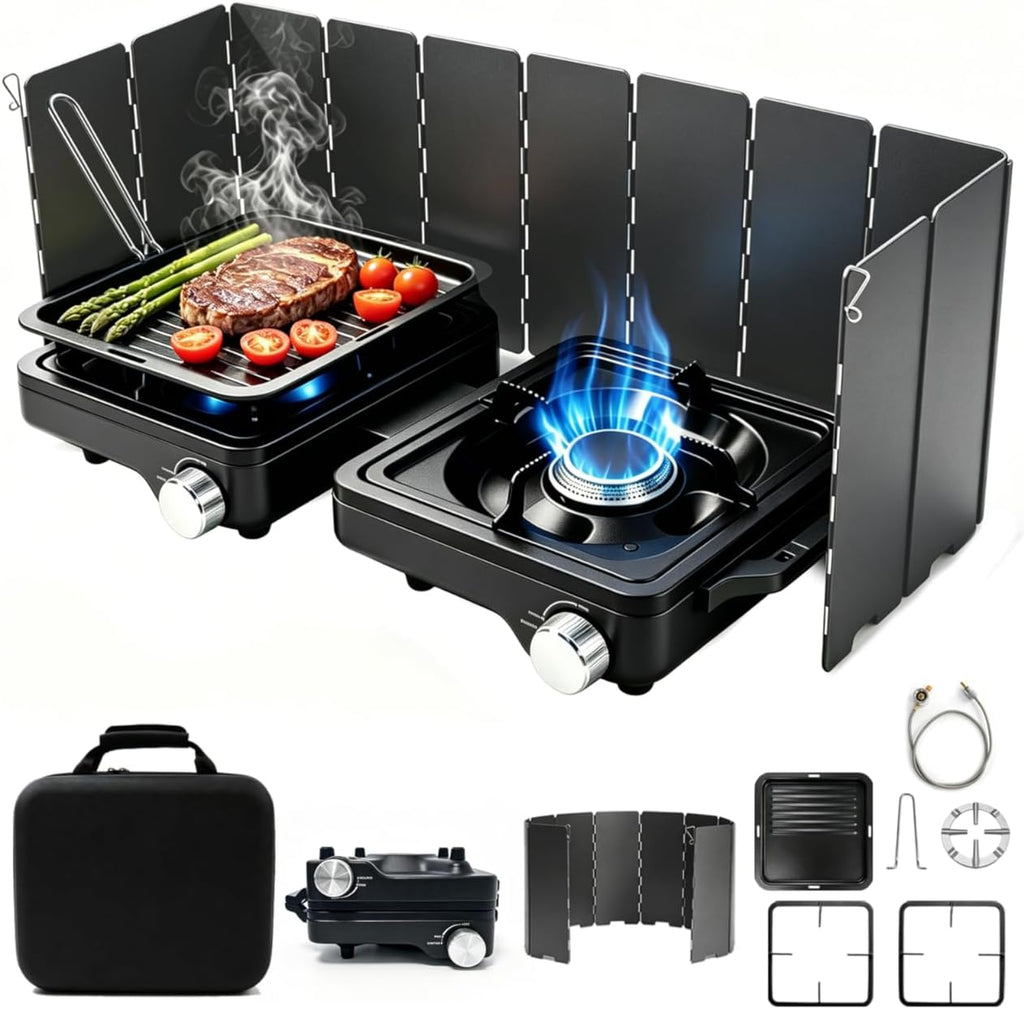 2 Burner Camp Stove 24000 BTU, Portable Propane Camping Stove with Windshield, Foldable Gas Stove with Adjustable