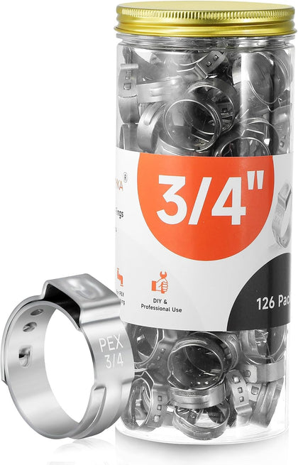 126pcs 3/4 inch PEX Cinch Clamps Rings, 304 Stainless Steel Pex Crimp Rings, Heavy Duty Thickened Single Ear Hose Clamps for PEX Tubing Pipe Fitting Connections