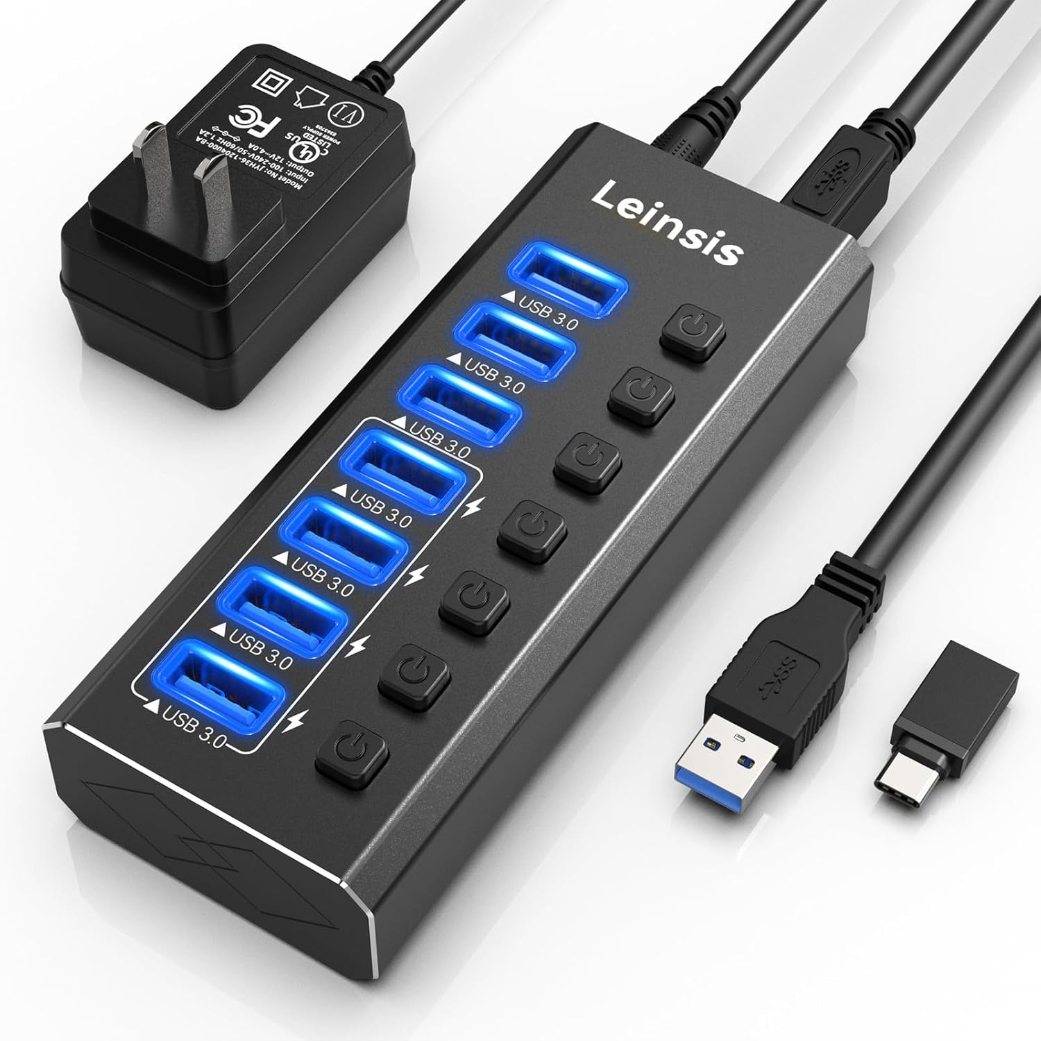 Powered USB Hub 3.0, Leinsis 7-Port USB 3.0 Hub [Durable Aluminum] 7 Data Transfer Ports+ 4 Smart Charging Ports with
