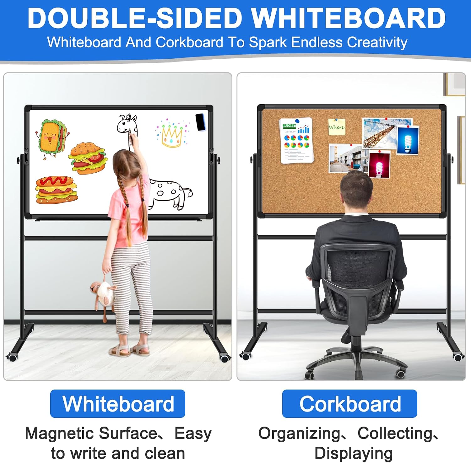 36"x24" Double-Sided Mobile Whiteboard and Cork Boards with Stand Adjustable Height and Angle Rolling Magnetic Dry