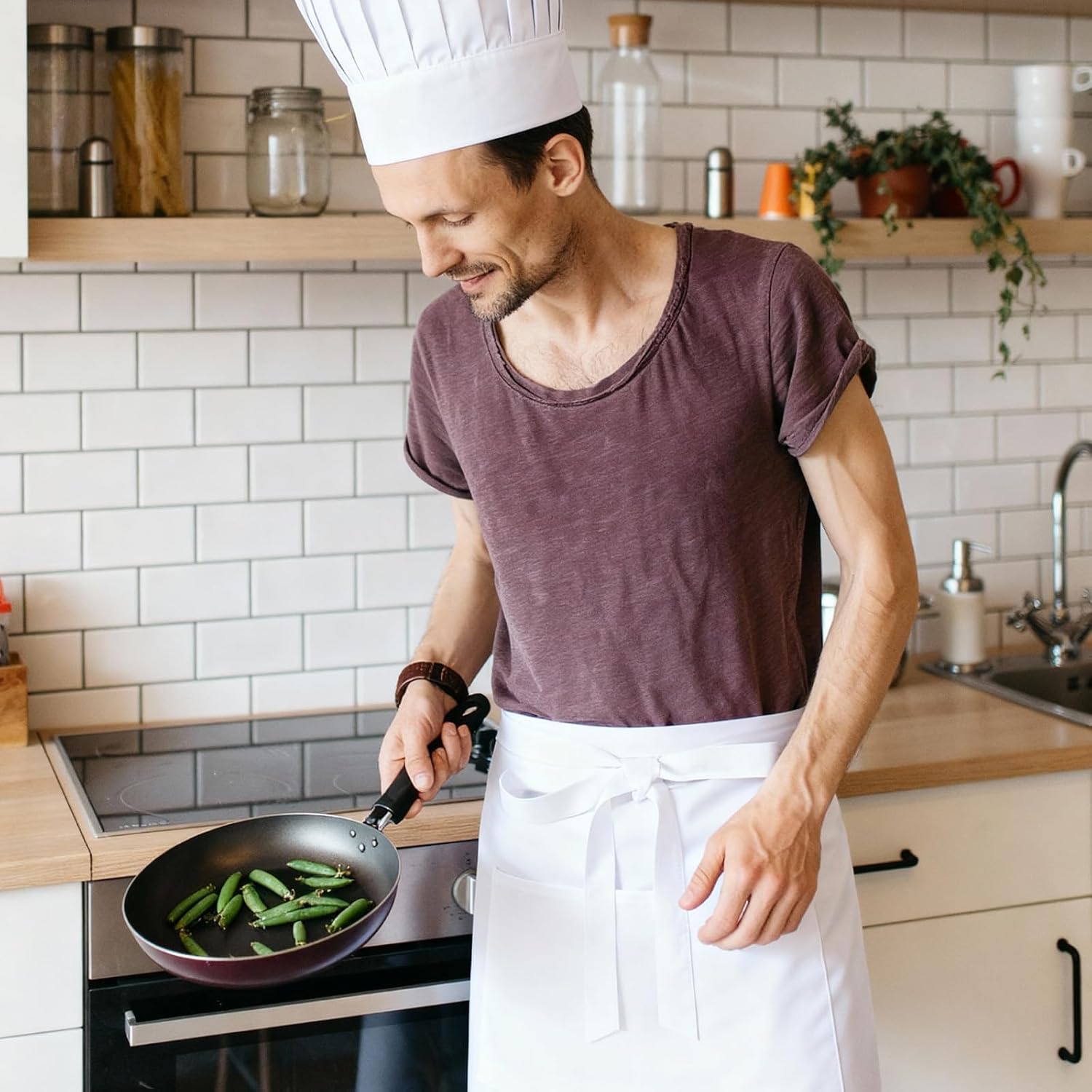 Kitchen Supply Tall Chef Hat and Half Bistro Apron, Adjustable Bib Cooking Aprons Baker Kitchen Cooking for Women Men