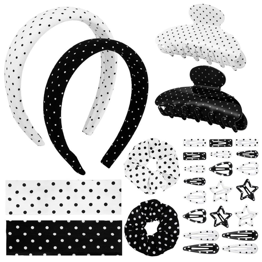 28 Pcs Polka Dot Hair Accessories Kit for Women Includes Fashion Headband, Elastic Band, Claw Clip, Mental Clips