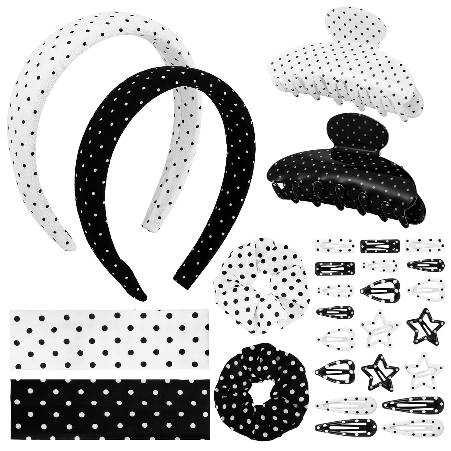 28 Pcs Polka Dot Hair Accessories Kit for Women Includes Fashion Headband, Elastic Band, Claw Clip, Mental Clips