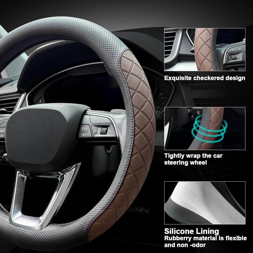 Nappa Leather Steering Wheel Cover,Elegant Diamond Checkered Design, Non-Slip wear-Resistant, Enhance Driving