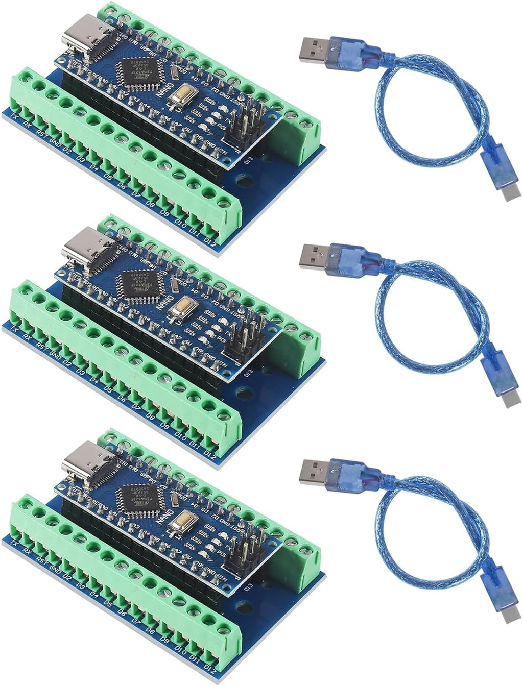 3 Set Nano V3.0 ATmega328P Module Microcontroller Board with Type-C Cable Compatible with Arduino + Nano Terminal Adapter Shield Expansion Board