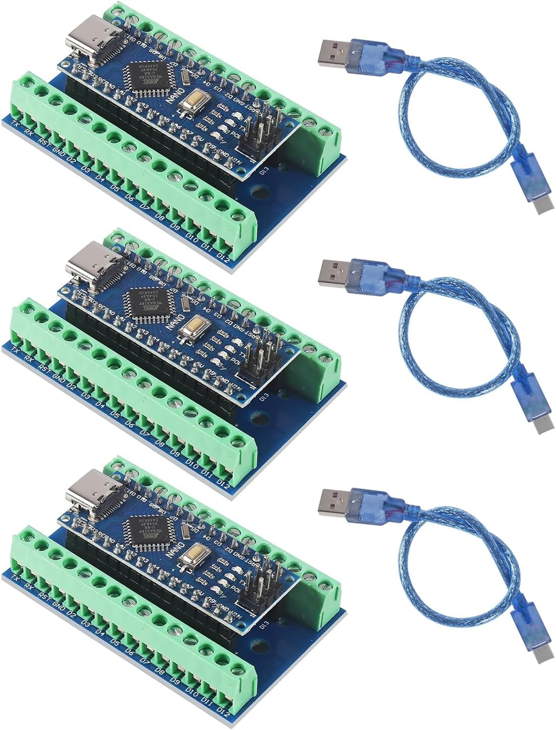 3 Set Nano V3.0 ATmega328P Module Microcontroller Board with Type-C Cable Compatible with Arduino + Nano Terminal Adapter Shield Expansion Board