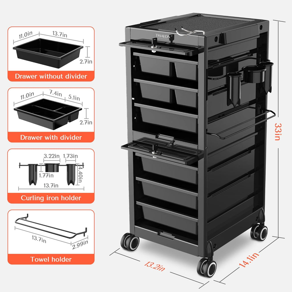 Lockable Salon Trolley, 6-Drawer Rolling Beauty Cart with Tool Holders, Mobile Hair Stylist Station with Locking