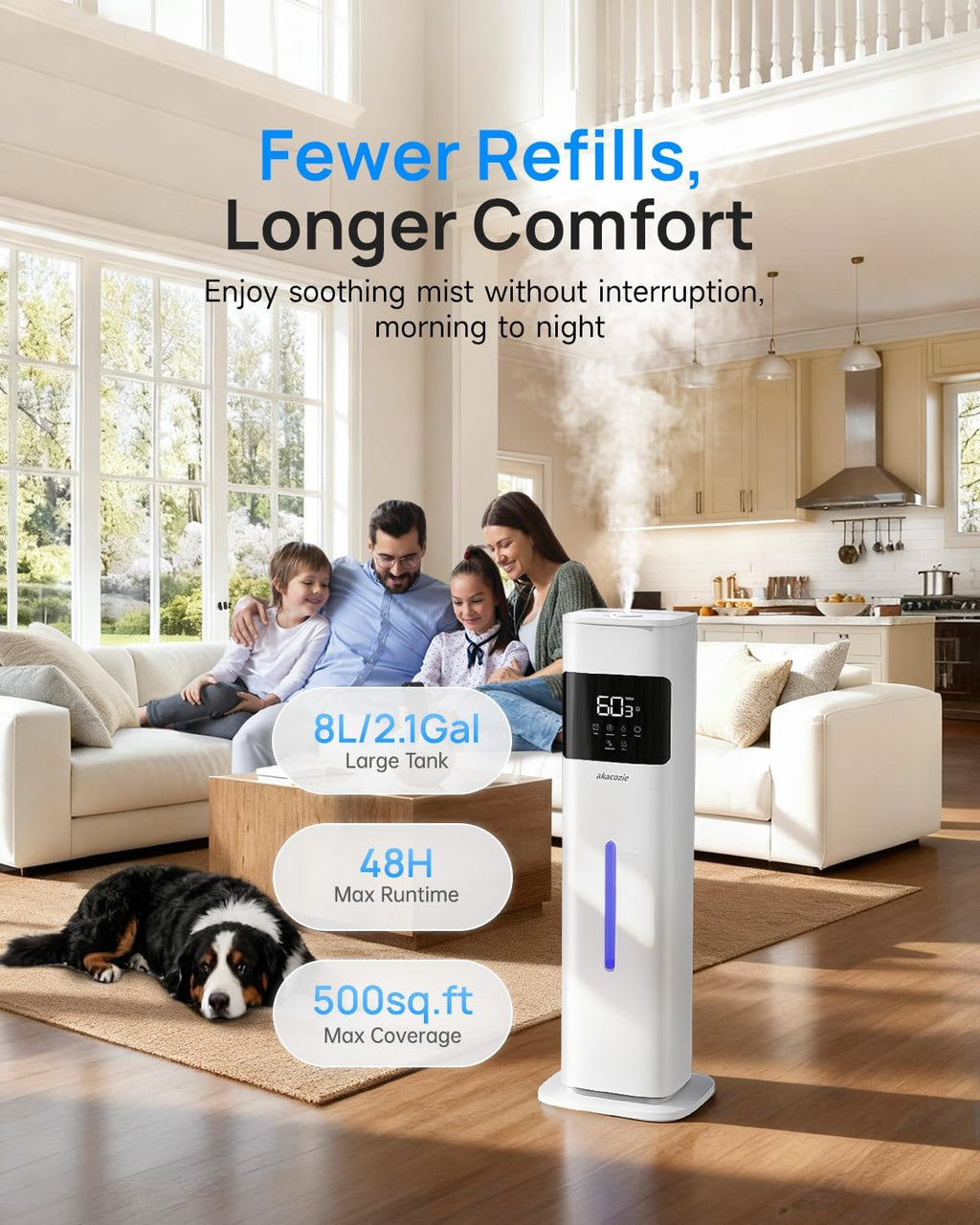 Humidifiers for Bedroom, Humidifier Large Room, White | Warm & Cool Mist, 2.1Gal/8L, 500 sq ft Coverage, Run 48H