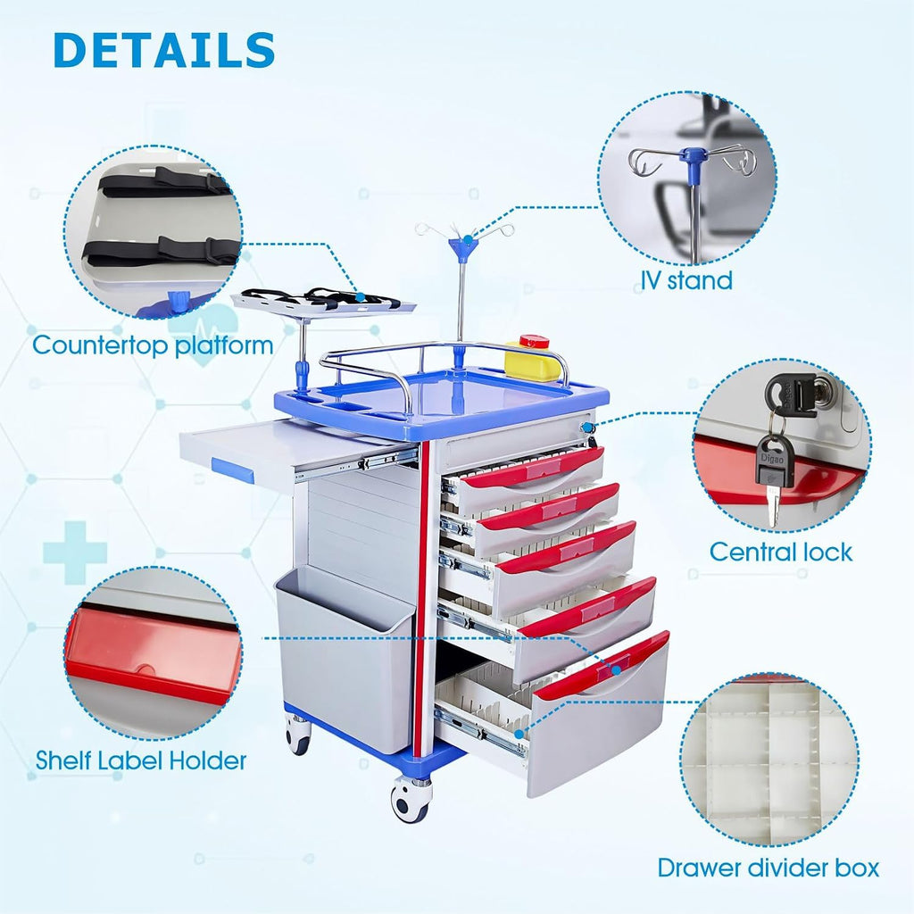 Crash Cart with Accessories Mobile Emergency Treatment Trolley with IV Pole, Cardiac Board, O₂ Tank Holder, Trash Bin
