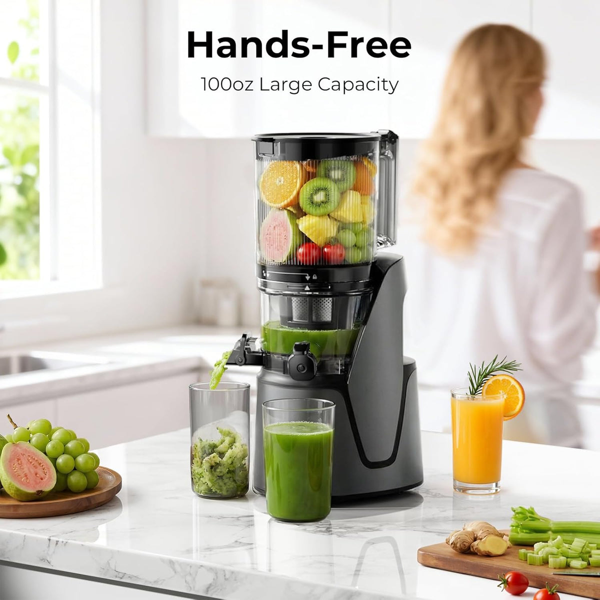 Juicer Machines, 3-in-1 Cold Press Juicer, Premium Gray | Makes Juice, Nut Milk & Sorbet, 6.5" Extra Large Chute