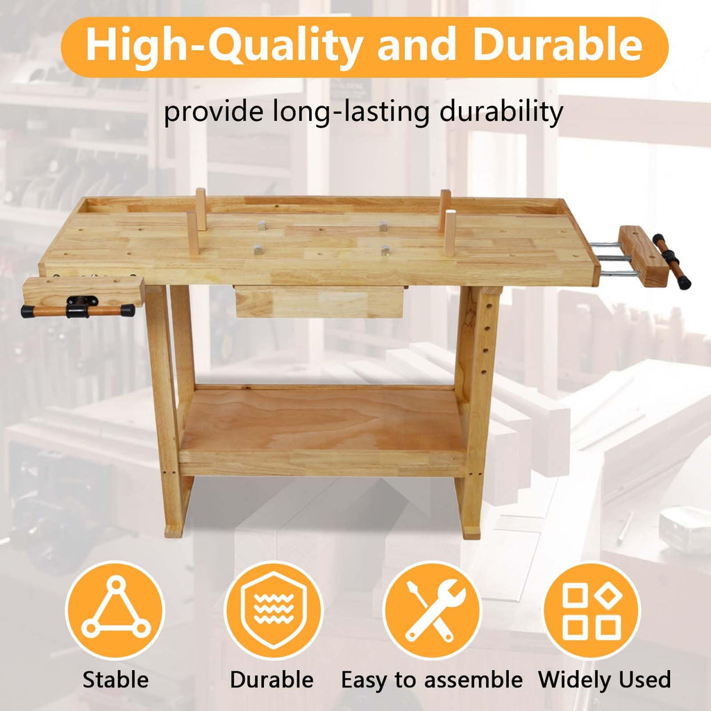 55" Rubber Wood Workbench with Drawer& Shelf, 330 lbs Weight Capacity